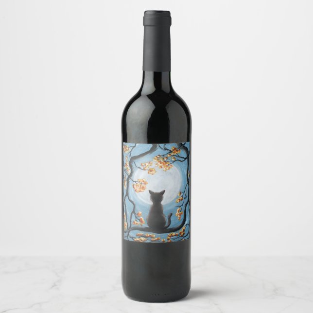 Whimsical Cat in Tree Full Moon Painting Wine Label (Front)