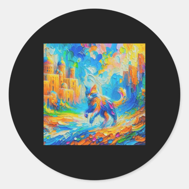 Whimsical Cat In Vibrant Fantasy Landscape Sticker (Front)