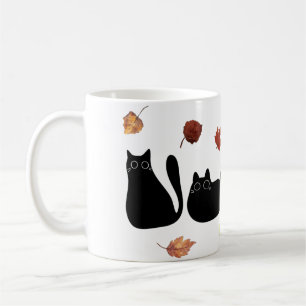 Whimsical Cat Line Art with Autumn Leaves Coffee Mug