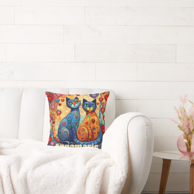 Whimsical Cat Lover Patchwork Throw Pillow (Couch)
