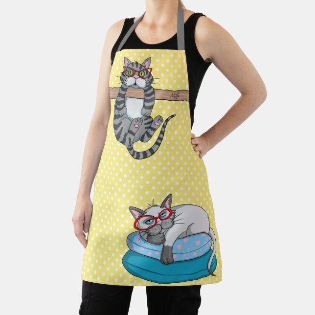 Whimsical Cat Monogram Kitchen Gift Apron (Insitu)