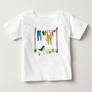 Whimsical Cat on a Clothesline Baby T-Shirt