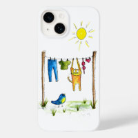 Whimsical Cat on a Clothesline