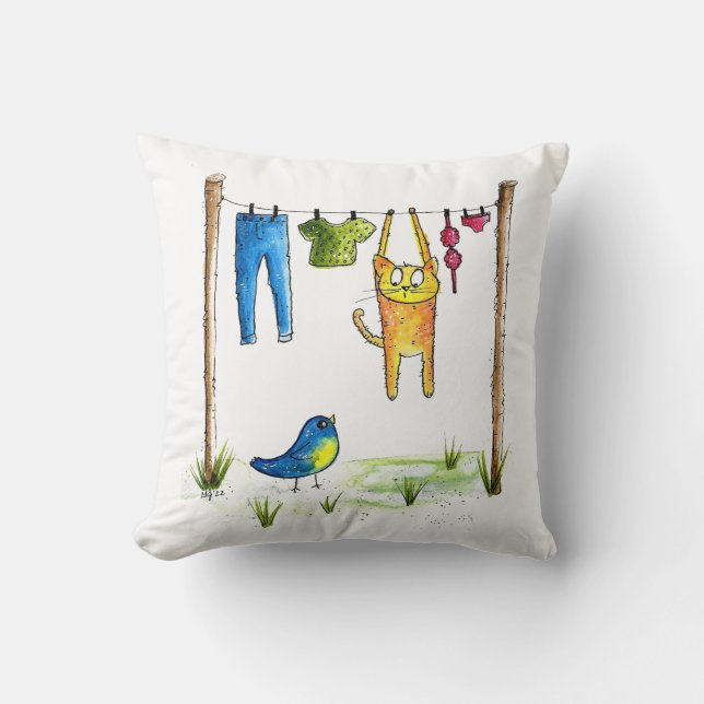 Whimsical Cat on a Clothesline Cushion (Front)