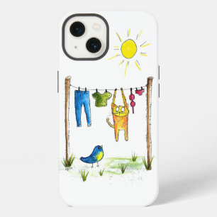 Whimsical Cat on a Clothesline iPhone 13 Case