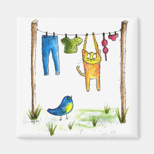 Whimsical Cat on a Clothesline Magnet