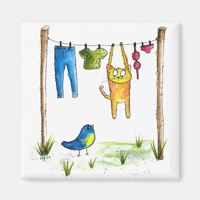 Whimsical Cat on a Clothesline Magnet (Front)