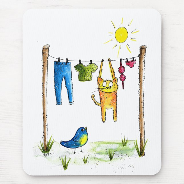 Whimsical Cat on a Clothesline Mouse Pad (Front)