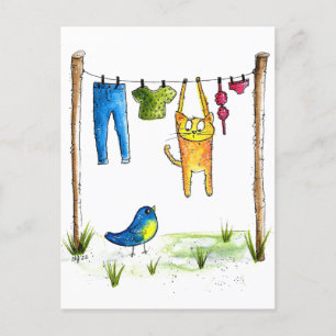 Whimsical Cat on a Clothesline Postcard