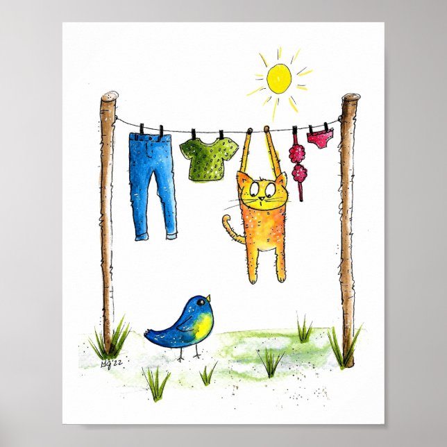 Whimsical Cat on a Clothesline Poster (Front)