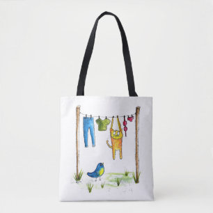 Whimsical Cat on a Clothesline Tote Bag
