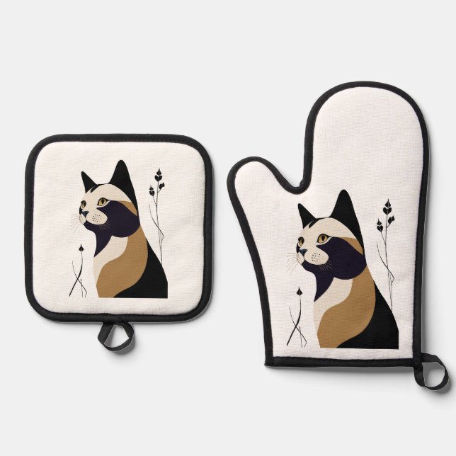 Whimsical Cat Oven Mitt & Pot Holder Set (Front)
