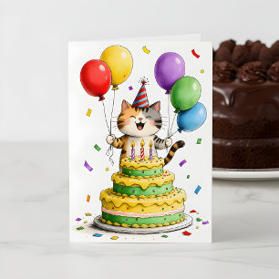 Whimsical Cat Party Hat Cake Balloons Birthday Card