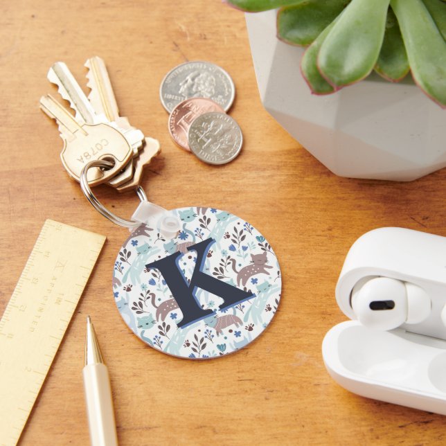 Whimsical Cat Pattern, Blue Grey Monogram Key Ring (Desk)