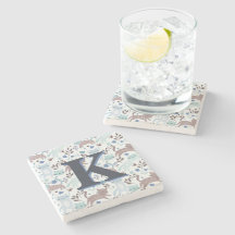Whimsical Cat Pattern, Blue Grey Monogram