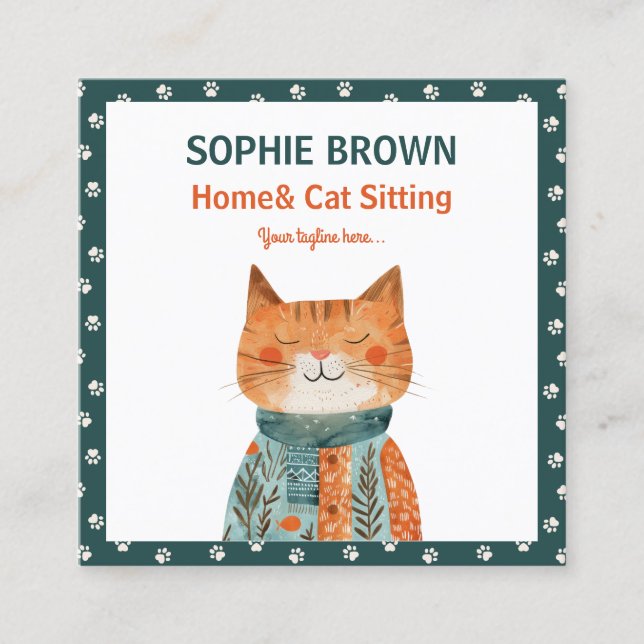 Whimsical Cat Paw Pattern Home& Cat Sitting Square Business Card (Front)