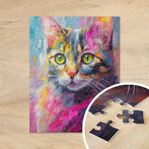 Whimsical Cat Portrait Abstract Modern Art Jigsaw Puzzle