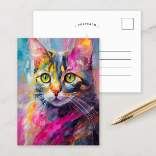 Whimsical Cat Portrait Abstract Modern Art Postcard