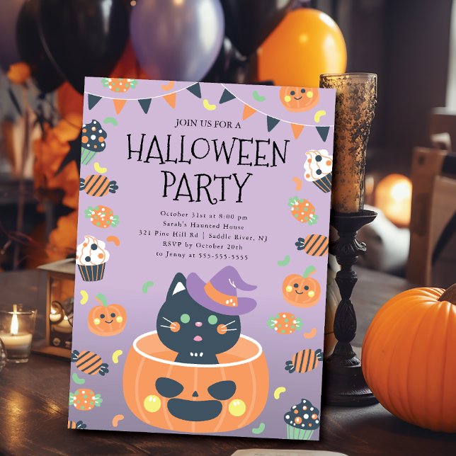 Whimsical Cat & Pumpkin Halloween  Invitation (Creator Uploaded)