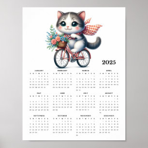 Whimsical Cat Riding a Bicycle 2025 Wall Calendar Poster