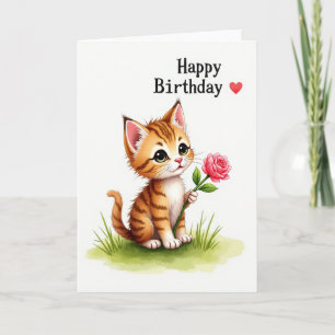 Whimsical Cat Rose Birthday Card