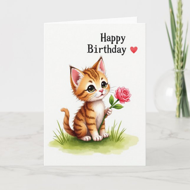 Whimsical Cat Rose Birthday Card (Front)