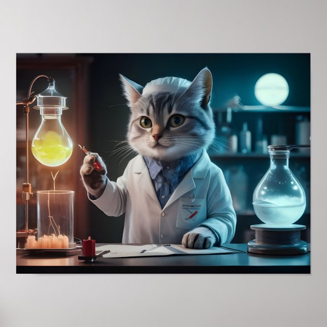 Whimsical Cat Scientist in Lab Poster (Front)