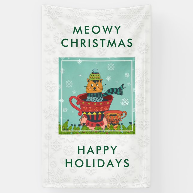 Whimsical Cat Sitting in a Teacup Christmas Banner (Vertical)