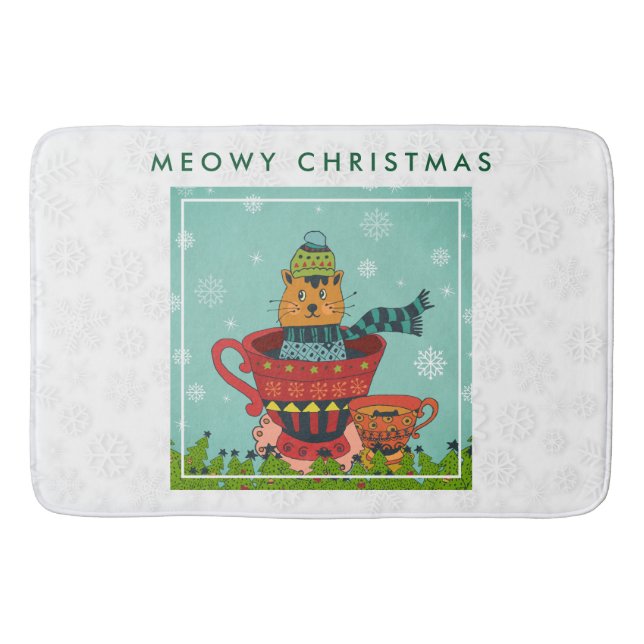 Whimsical Cat Sitting in a Teacup Christmas Bath Mat (Front)