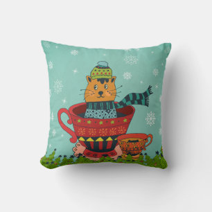 Whimsical Cat Sitting in a Teacup Christmas Cushion