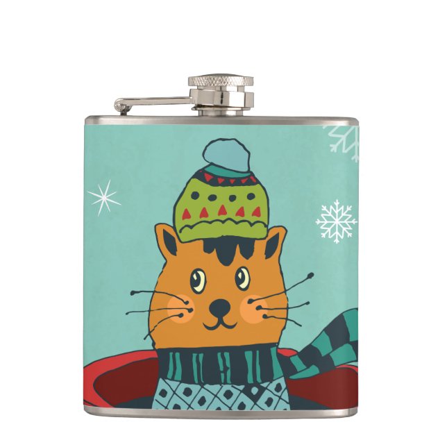 Whimsical Cat Sitting in a Teacup Christmas Hip Flask (Front)