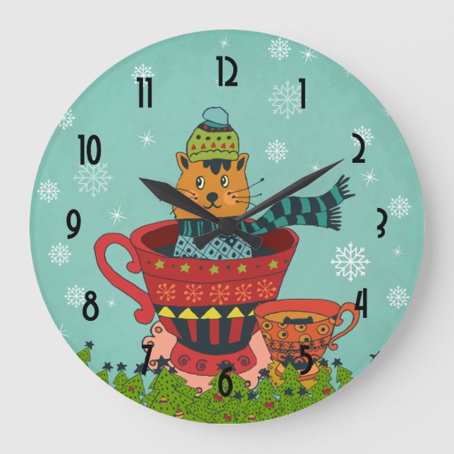 Whimsical Cat Sitting in a Teacup Christmas Large Clock (Front)