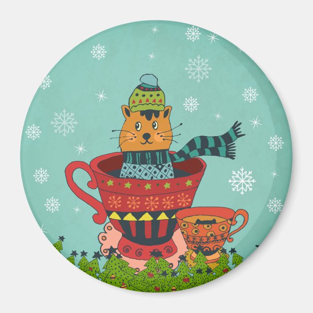 Whimsical Cat Sitting in a Teacup Christmas Magnet (Front)