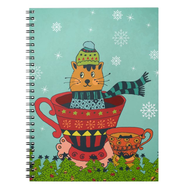Whimsical Cat Sitting in a Teacup Christmas Notebook (Front)