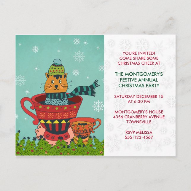 Whimsical Cat Sitting in a Teacup Christmas Party Postcard (Front)