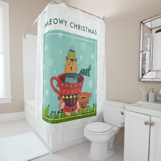 Whimsical Cat Sitting in a Teacup Christmas Shower Curtain (In Situ)