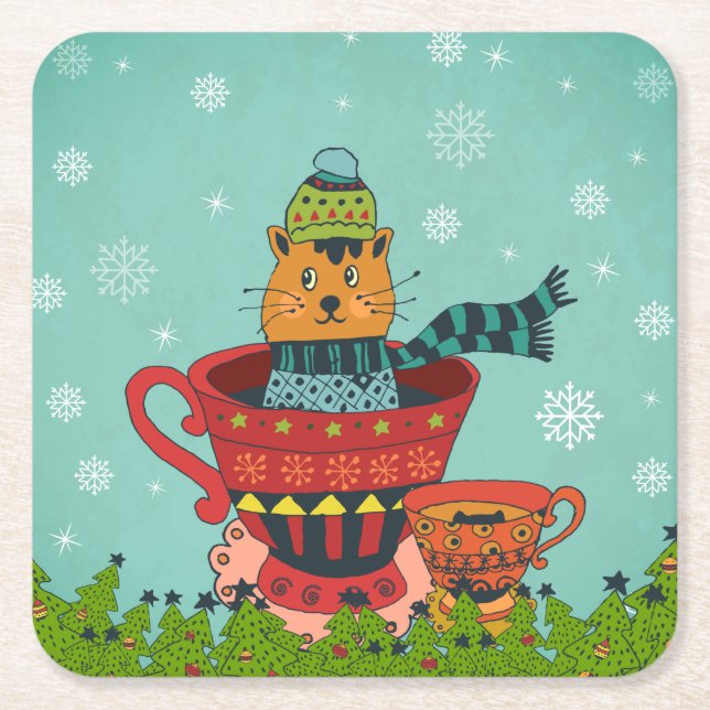 Whimsical Cat Sitting in a Teacup Christmas Square Paper Coaster (Front)