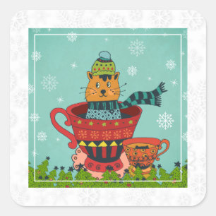 Whimsical Cat Sitting in a Teacup Christmas Square Sticker