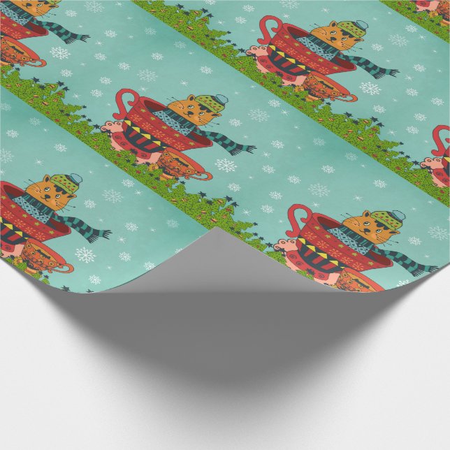 Whimsical Cat Sitting in a Teacup Christmas Wrapping Paper (Corner)
