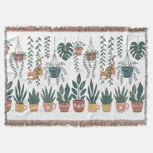 Whimsical Cat Tangled in Vines Plant Parent Blanke Throw Blanket