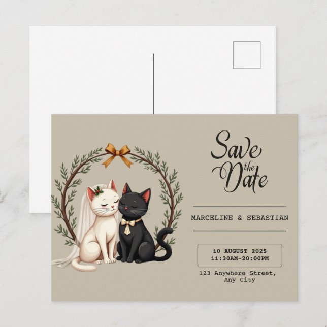 Whimsical Cat Wedding Save the Date  Postcard (Front/Back)