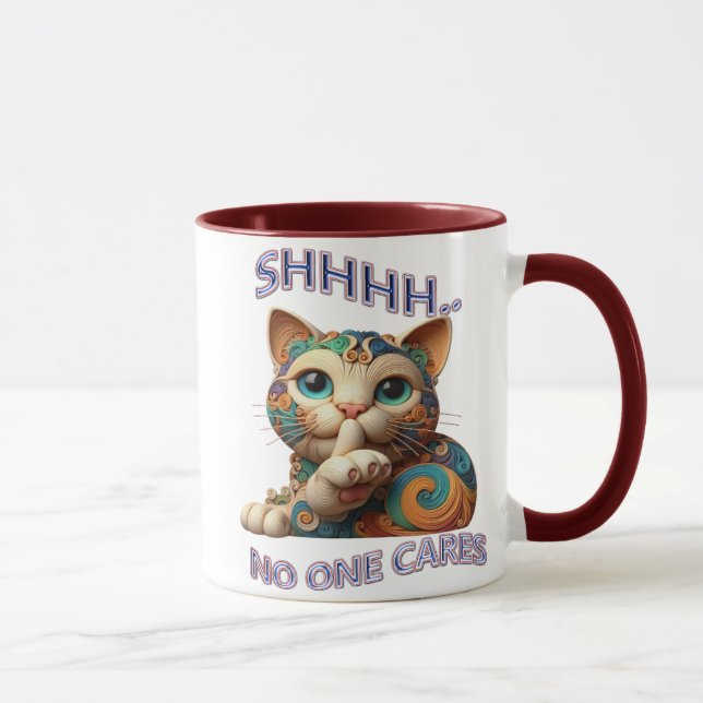 Whimsical Cat Whispers Shhh No One Cares Mug (Right)