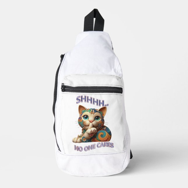 Whimsical Cat Whispers Shhh No One Cares Sling Bag (Front)