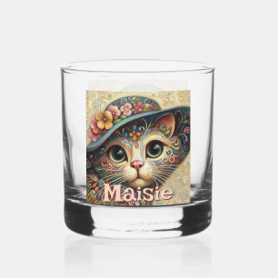 Whimsical Cat with a Hat Floral Personalised Whiskey Glass