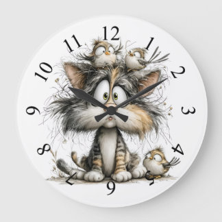 Whimsical cat with birds large clock