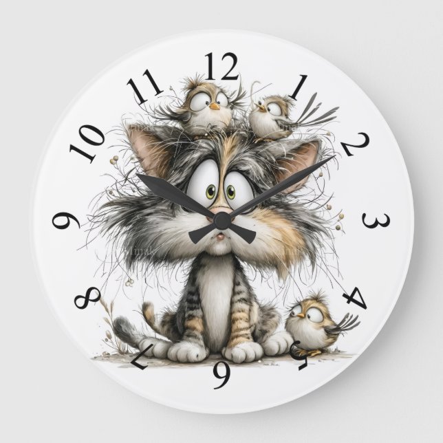 Whimsical cat with birds large clock (Front)