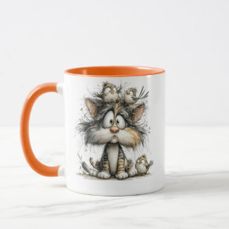 Whimsical cat with birds mug