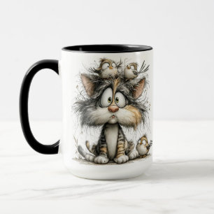 Whimsical cat with birds mug