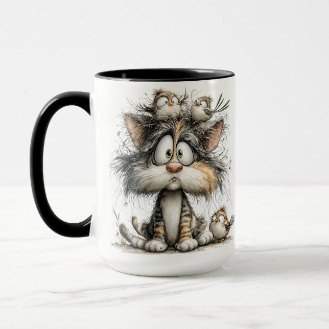Whimsical cat with birds mug (Left)