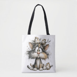 Whimsical cat with birds tote bag